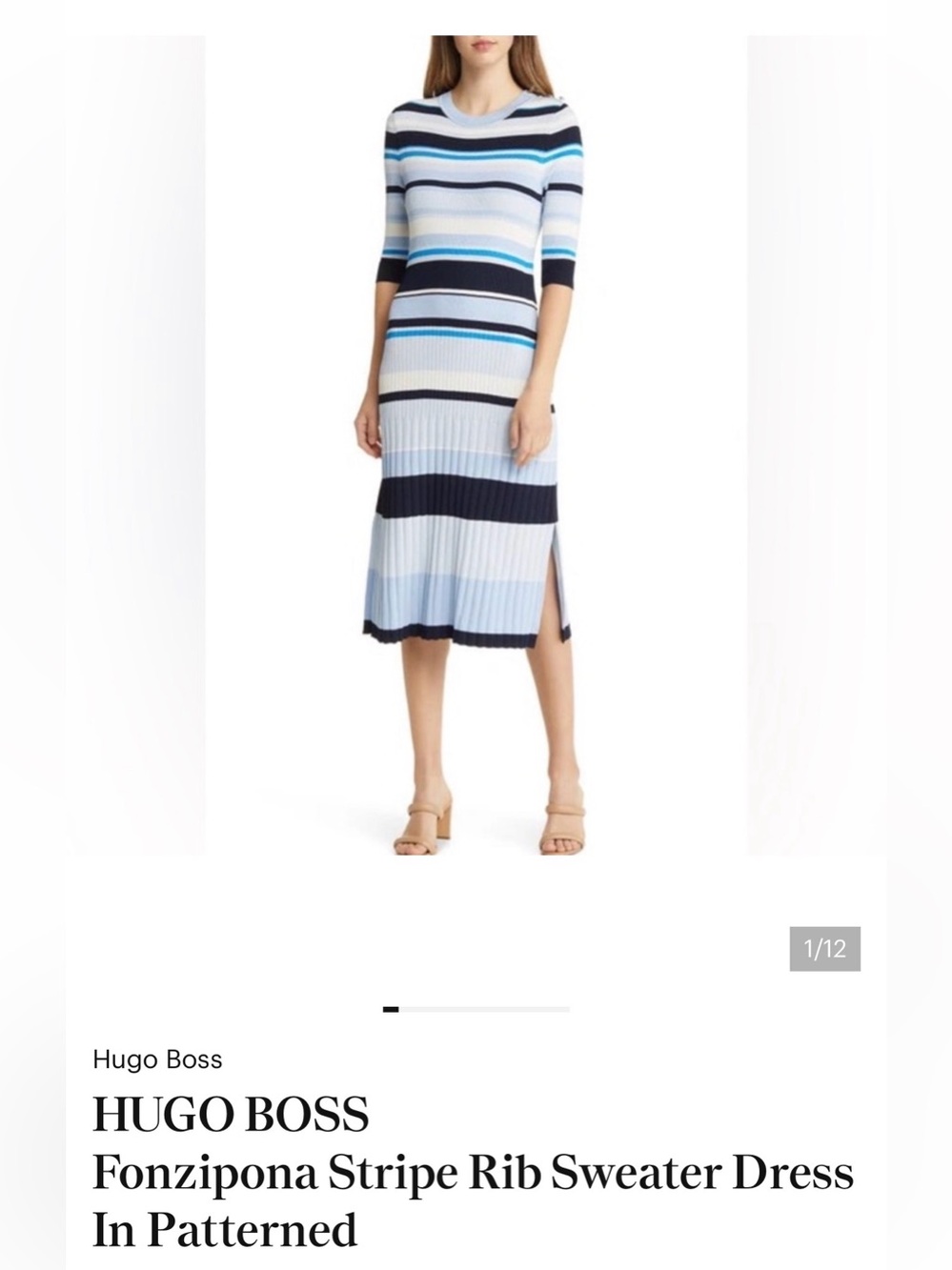 Hugo Boss Light Blue, Navy & White Striped Midi Sweater Dress